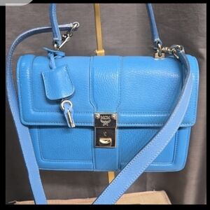 MCM Sky Blue Leather Satchel